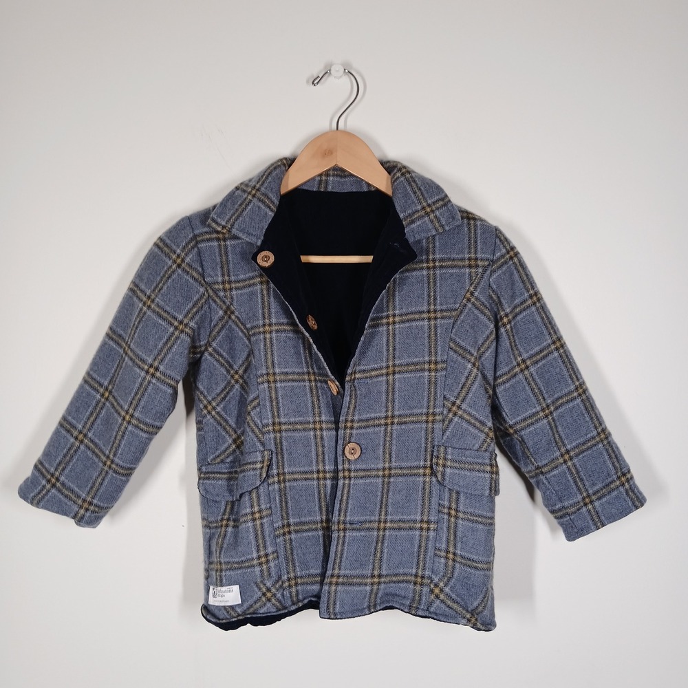 Johnstons of Elgin Reversible Jacket Kids 8 Blue LambsWool Plaid Navy Corduroy